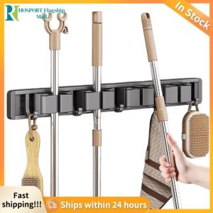 【HFM】 Simple Install Wall Mount Broom and Mop Holder with Hooks for Kitchen and Laundry