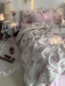 Pink flowers 100% pure cotton sheet set flat/fitted sheet duvet cover bed sheet single/Queen/King size bedding set quilt cover sheets