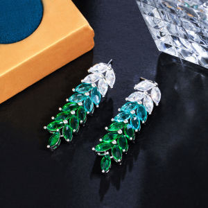 SEQUITO New Fashion Ladies Jewelry Silver Plated Full Pave Setting Multicolor Baguette Cut AAAAA Cubic Zirconia Leaves Shape Long Drop Dangle Earrings for Women Anniversary Gift SE877
