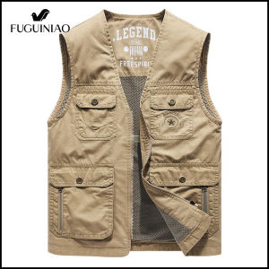 Fuguiniao summer outdoor casual mens vest multi-pockets can shoulder standing collar fishing vest