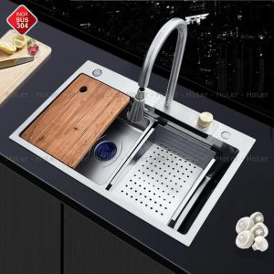 Chậu rửa thác nước KOREA rửa bát 1 hố lớn bồn rửa chén INOX 304 cao cấp phủ nano kèm vòi rút đa năng xả thác nước 3 chế độ (không hiển thị nhiệt độ nước) - Bảo hành 5 năm
