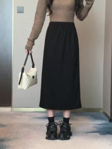 Ammin 2024 xuân hè Đàn Hồi Đàn Hồi eo cao dài đơn giản màu trơn Ngã Ba Thiết Kế Váy Cho Phụ Nữ phong cách Hàn Quốc Làm Việc Thanh Lịch A-Line Váy