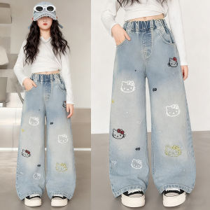 Denim Baggy Pants for Kids Girls 5-12 Years Old Korean Style Cute Embroidered Design Maong Pantalon for Girls