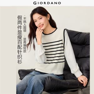 GIORDANO Women Sweaters Fake Two-Piece Striped Sweaters Crewneck Fashionable Casual Regular Sweaters 13356669