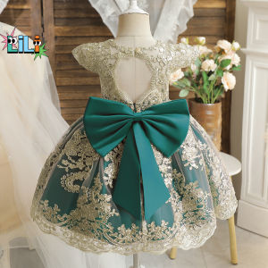 Girl Dress Gold Applique Lace Dresses for Kids Wedding Birthday Gown With Bow Baby 1st Birthday Dress Girl Princess Dress
