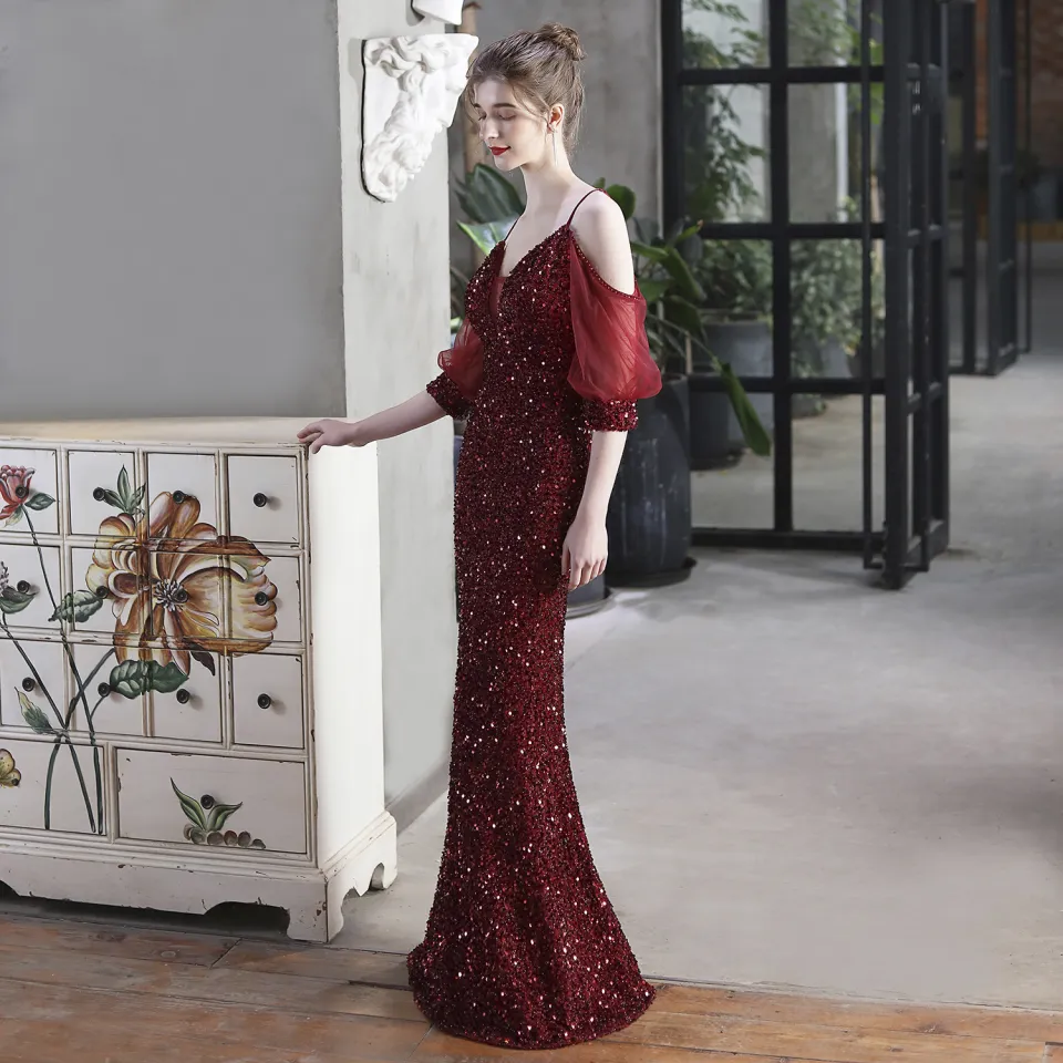 maroon prom dress 2023 Mermaid Burgundy Long Sleeves Stretchy Long With Appliques Dresses fg3135 Condition:Good condition Sleeveless Back Web collection: bestsellers sequin Breaking Dawn Bella Wedding