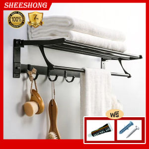 ชุดของราวแขวนผ้าในห้องน้ำ ชั้นวางผ้าขนหนูพับได้ ชั้นวางของในห้องน้ำ เป็นที่แขวนติดผนัง ขนาด 60cm สีดำ สีเงิน