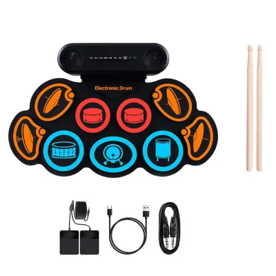 【Latest model】Portable 9-Pad Electronic Drum Set Hand Roll Drum Set for Gaming/for BT Dual Speaker Pad Drum