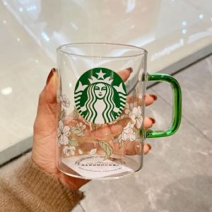 Starbuck Pear Flower Mug Glass Cup 2022 Green Handle Pear Flower Glass 502ML Large Capacity Coffee Cup Milk Cup Drinking Office Glass Tea Cup Creative Gift Box
