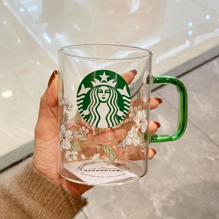Starbuck Pear Flower Mug Glass Cup 2022 Green Handle Pear Flower Glass ...