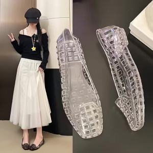 Jelly Shoes Crystal Sandals For Women New Summer Outdoor Casual Hollow Square-Toed Slip-On Shallow Shoes