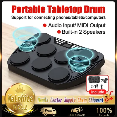 Multifunction Drum Pad Portable Electronic Drum Set 7 Velocity-Sensitive Pads Tabletop Drum Built-in 2 Speakers
