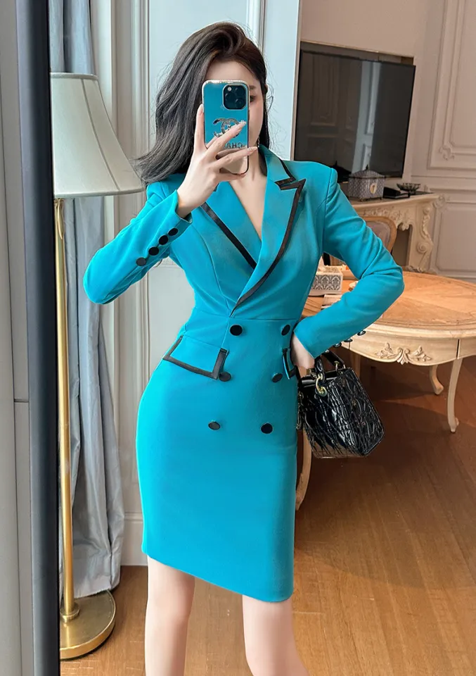 ZYHT EraVogue Women s French Blue Double Breast Lace Blazer Dresses Zipper Long Sleeve Dresses Suit Jacket