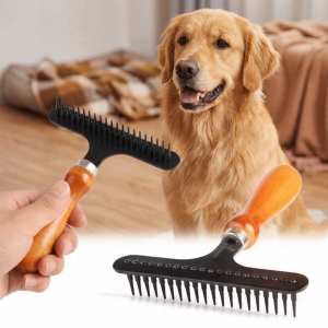 D5JKY Stainless Steel Pet Comb for Long Thick Hair Wooden Handle Deshedding Cleaning Carpet Rake Effective Detangling Dog Grooming Tool Dogs Puppy Cats