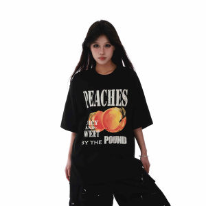 T-Shirt Wanita Hitam Lengan Pendek - Motif Jeruk Kartun & Huruf Keren Katun Adem Premium Tren 2025 Desain Streetwear Korea Jepang Oversize Slim Fit Baju Santai Kerah Bulat Nyaman Musim Panas Muslimah Friendly Kaos Santai Untuk Hangout Gratis Ongkir