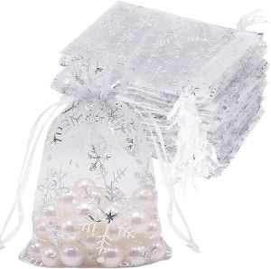 HRX Package 100pcs Snowflake Organza Bags Christmas 5x7 inch White Drawstring Mesh Gift Pouches for Jewelry Candy Party Favor