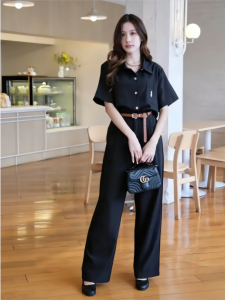 Fashion Casual Outfits With Belt Set Leisure Daily Life Short Sleeve Shirt + Wide -Leg Trouser 2372