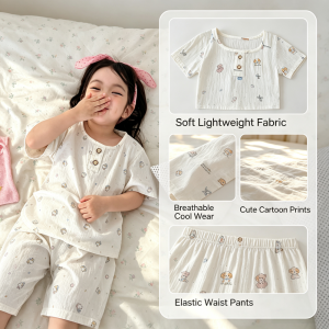 AILEBE Kids Pajamas Terno Short Sleeve Top Pants Sleepwear Set Soft Lightweight Fabric Cool No Sweat Summer Pajama Cute Cartoon Prints Round Neck Loose Comfy Fit Pambahay Pantulog For Baby Boys Girls 0-10 Years