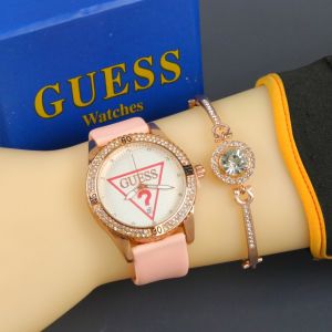 Box Exclusive + Free Gelang / Jam Tangan Guess Bulat VA-972HR / Jam Tangan Fashion Wanita Tali Rubber Diameter 4 cm