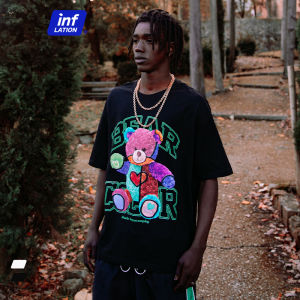 INFLATION brand 2024 spring new product cute tide brand rainbow plush bear loose cartoon short-sleeved t-shirt for boys girls couples