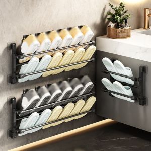 MMLUCK Wall Mounted Hanging Shoe Storage Shelf Drill-Free Double Layer Folding Slippers Rack Simple Reusable Bathroom Shoe Rack Kitchen