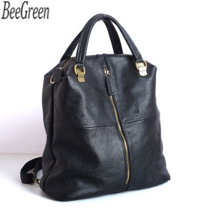 BeeGreen Women Real Leather Black Backpack High Quality Travel Knapsack Girls School Bag Dual-use Shoulder Bag