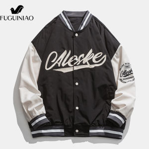 FUGUINIAO Mens Casual Loose Baseball Uniform Embroidered Mens and Womens Black Jacket