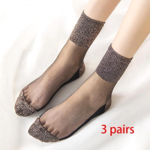 3 Pairs Spring Summer Women Ultrathin Transparent Socks Glitter Crystal Glass Silk Socks Soft Lace Shiny Elastic Short Socks