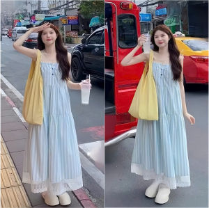 QC_Đầm mặc hè dài babydoll Xước sọc xòe nhẹ phối Ren Lai – dáng suông dễ mặc mặc nhà hay dạo phố đều xinh