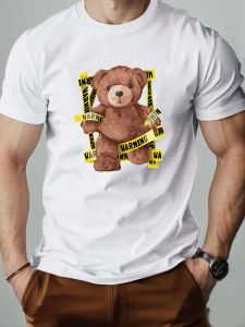 Men T-Shirt 100% Cotton Teddy Bear Cartoon Pattern Print Summer Round Neck Breathable Casual Short Sleeve Fashion T Shirt
