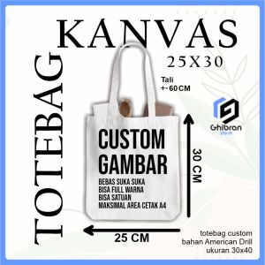 Totebag Custom Kanvas Putih Premium 25 X 30 CM - Totebag Resleting - Totebag Custom Satuan