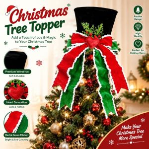 NALANILI Ruy băng tua rua đỏ xanh Mũ trang trí đỉnh cây thông Noel Nhung đen Trang trí hình trái tim Đồ trang trí đỉnh cây thông Noel Mũ chóp cao cổ điển Đồ trang trí cây thông Noel Bố cục đỉnh cây thông Noel