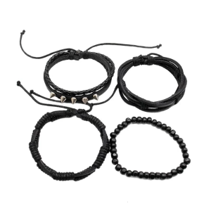 4Pcs Punk Inspired Leather Wristbands Vintage Braided Cuffs With Metal Spikes and Beads