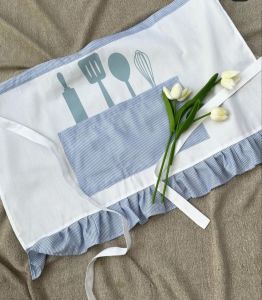 Kitchen Apron with Pocket and Print Combination of Premium Canvas and Seer Blue Seer Sucker Cotton Fabric