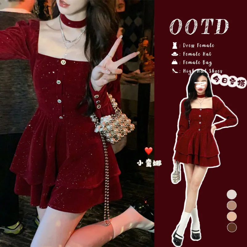 Dress Women Red Velvet Short Dress Korean Style Long Sleeve Square