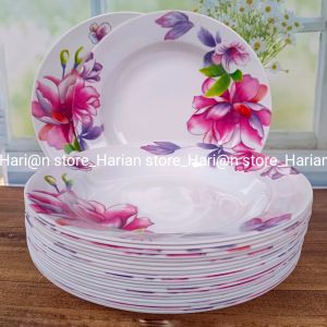 3 PCS PIRING MAKAN 23 CM MELAMIN MOTIF MAWAR PINK FOOD GRADE