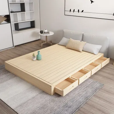 Solid wood hard board double bed frame floor to floor laying Japanese style low bed with floor to floor platform tatami