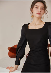 Đầm cồng sở ôm cổ vuông tay dài màu đen trơn