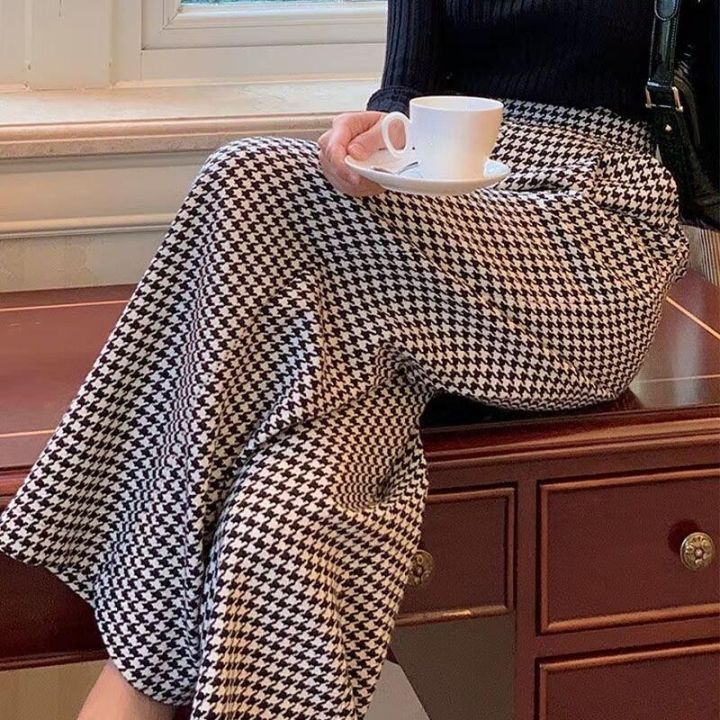 Women Wide Leg Pants Houndstooth Plaid Check Business Formal