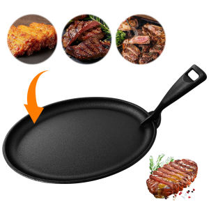 Vktech Heavy-Duty Oval Cast Iron Fajita Skillet 10.6x6.89in for Searing and Grilling in Home or Commercial Kitchens
