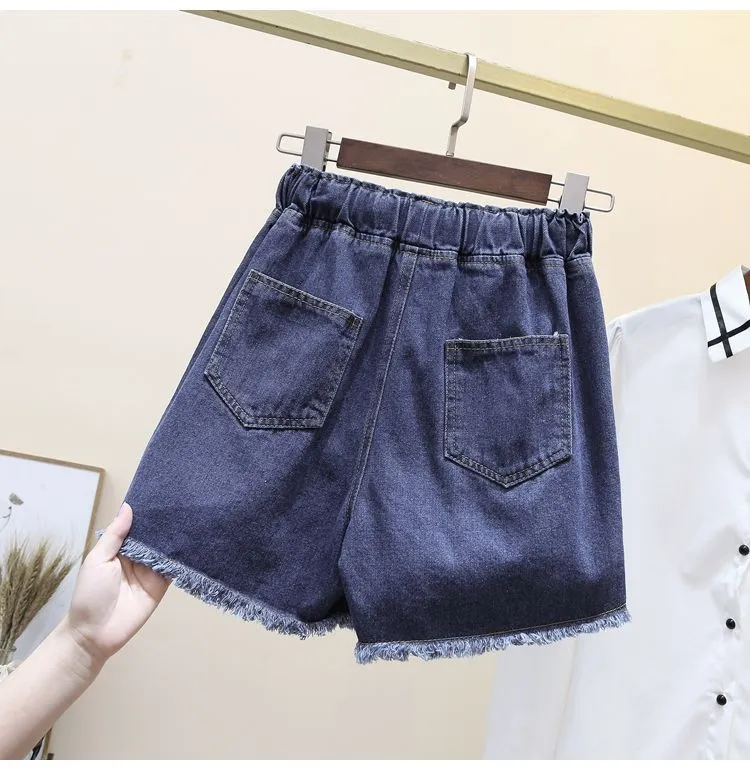 2024 New Year Dragon Spring Festival 40-100KG Oversized High Waisted Denim  Shorts for Women's Loose and Casual Distressed Embroidered Fur Edge Wide  Leg Pants