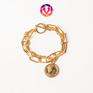 Vòng tay hai sợi mặt hình đồng xu lắc tay trái tim phong cách retro