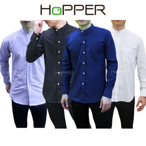 เสื้อเชิ้ตแขนยาวคอจีน ผ้า Oxford by Hopper Shop  เสื้อเชิ้ตสีดำ ขาว กรม เทา ฟ้า