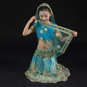 New Children Clothing Indian Style Belly Dance Belt Veil Headdress Girls Performance Dress China Xinjiang Dance Skirt Suit