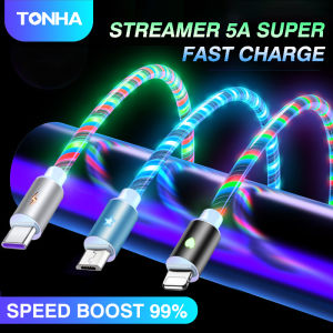 TONHA 5A Fast Charging Cable LED Luminous Glow Flowing USB Cable Colorful Streamer Data Cable MicroUSB/Type-C/iphoee charge Cable Charger Cable for iphoee Android