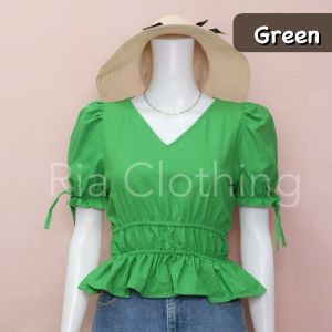 ANNA Puff Sleeves w/ Side Ribbon Vneck Semi Croptop Blouse Korean BKK Trendy Top Women Ria Clothing