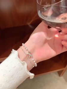 Gelang Reben Mutiara Double Layer Bow Pearl Bracelet Elegant Fashion Jewelry Luxury Design Women