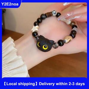 【Local shipping】 Cute Black Cat Beaded Bracelet For Women Men Black White Beads Cartoon Animal Couple Bracelet Trendy Jewelry Lovers Gift