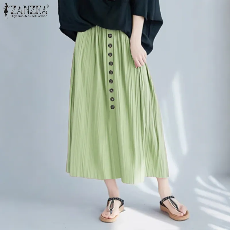 ZANZEA Women Streetwear Fashion A-Line Pleated Front Button Skirts