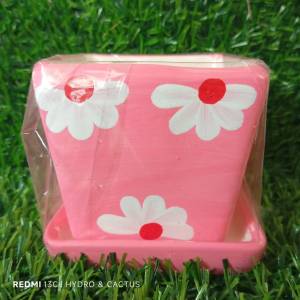 กระถางเซรามิกดินเผา 3-3.3 นิ้วพร้อมจานรอง ทรงเหลี่ยม วาดลาย น่ารัก แบบไม่ทาสารเคลือบเงา สินค้าพร้อมส่งผลิตในไทย